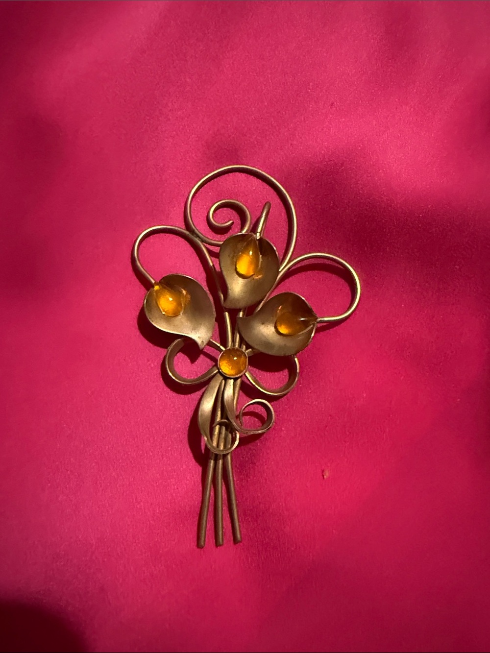 Vintage Gold Tone Flower Brooch with Amber Cabochons